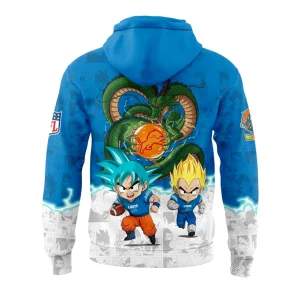 Back of the blue Detroit Lions hoodie showing chibi Goku and Vegeta running with a football in front of the dragon Shenron.
