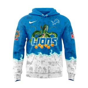 Front of the blue and white Detroit Lions hoodie featuring the dragon Shenron over the team name and seven Dragon Balls.