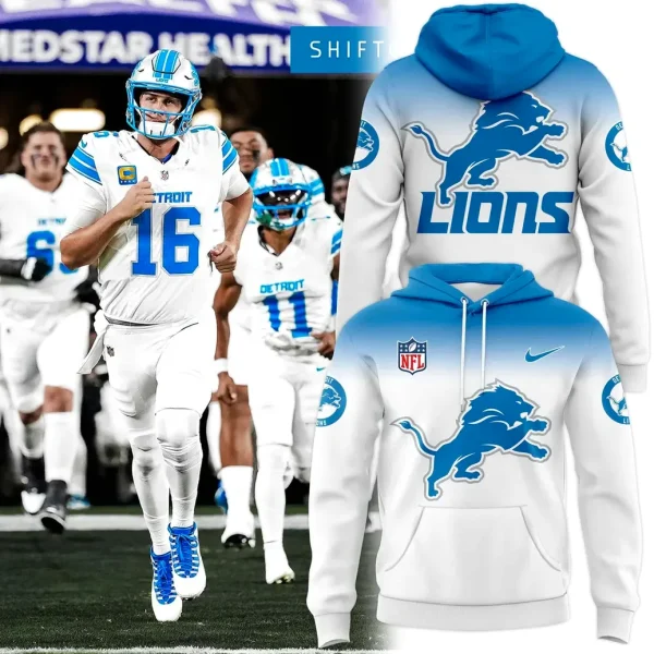 A Detroit Lions blue and white gradient hoodie shown from the front and back, next to a photo of players on the football field.