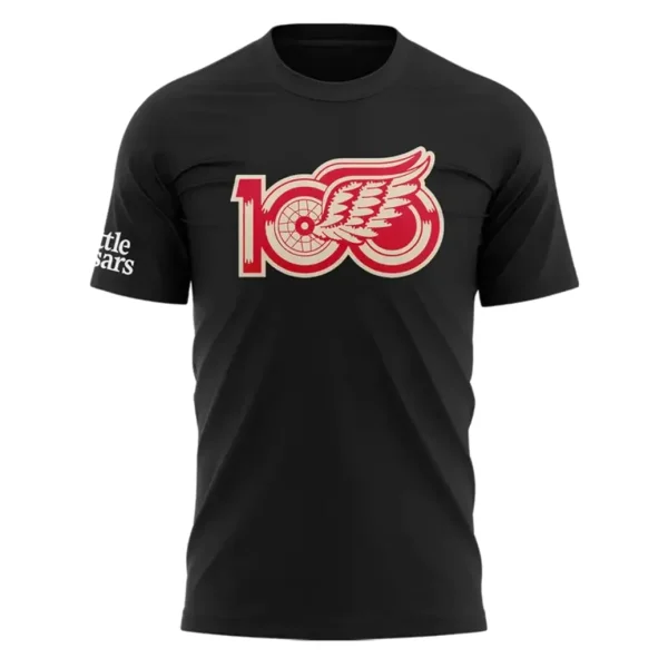 Front of the black Detroit Red Wings Centennial t-shirt, featuring the large red and cream 100th-anniversary winged wheel logo.
