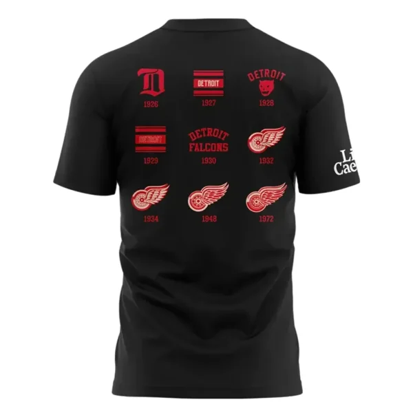 Back of the Detroit Red Wings Centennial t-shirt displaying a timeline of nine historical team logos from 1926 to 1972.