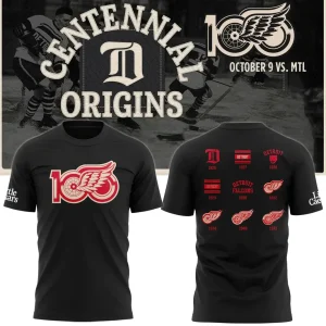 Front and back of the black Detroit Red Wings Centennial t-shirt, showing the 100th-anniversary logo and historical logos.