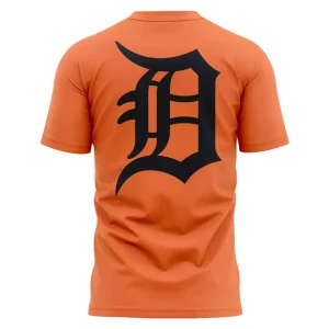 The back of the orange Detroit Tigers t-shirt featuring a large black Old English D logo, the team's iconic symbol.