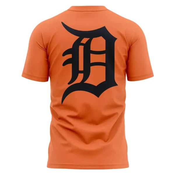 The back of the orange Detroit Tigers t-shirt featuring a large black Old English D logo, the team's iconic symbol.