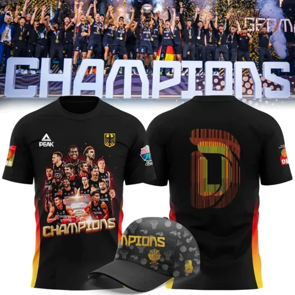 Front and back of the Deutschland Euro Basketball 2025 Champions 3D shirt, showing the team graphic, with a matching cap.