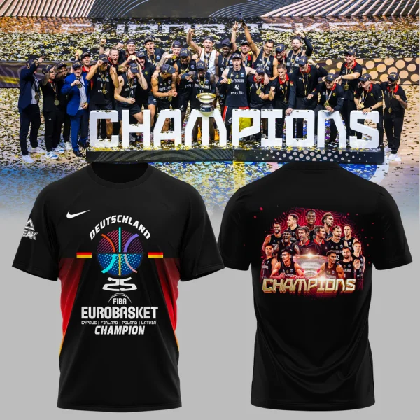 Front and back of a black t-shirt celebrating Germany as FIBA EuroBasket 2025 Champions, with the team celebrating in the background.