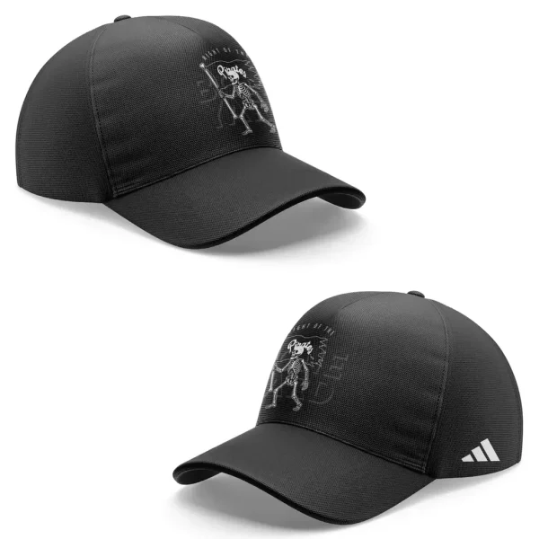 Two angles of a black baseball cap with the ECU Football Night of the Boneyard skeleton pirate graphic on the front.