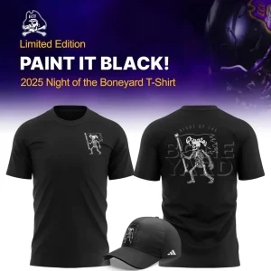 Promotional image of the ECU Football Paint It Black 2025 T-Shirt showing the front, back, and a matching black cap.
