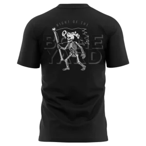 Back of the black ECU Football t-shirt with a large Night of the Boneyard design featuring a skeleton pirate.