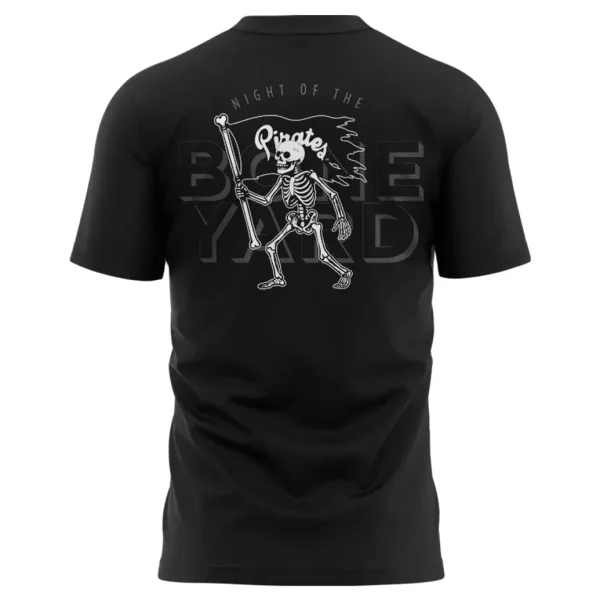 Back of the black ECU Football t-shirt with a large Night of the Boneyard design featuring a skeleton pirate.