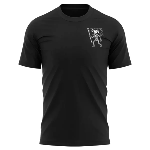 Front of the black ECU Football Boneyard t-shirt featuring a small skeleton pirate graphic on the left chest.