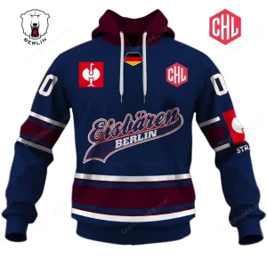 Front view of the navy blue and maroon Eisbaren Berlin CHL hoodie, designed like a hockey jersey with team and league logos.