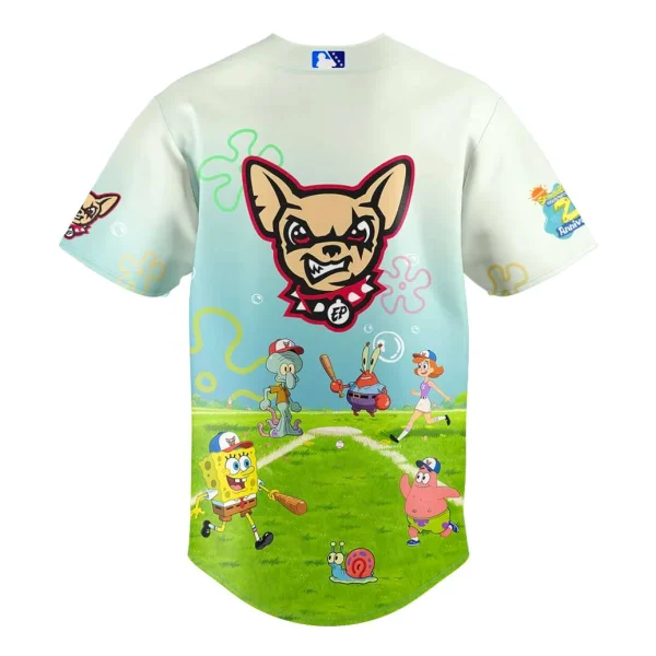 Back of the El Paso Chihuahuas SpongeBob jersey, displaying the team logo above characters like Patrick, Sandy, and Gary the Snail.