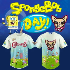 Promotional image showing the front and back of the El Paso Chihuahuas x SpongeBob Day special edition baseball jersey.