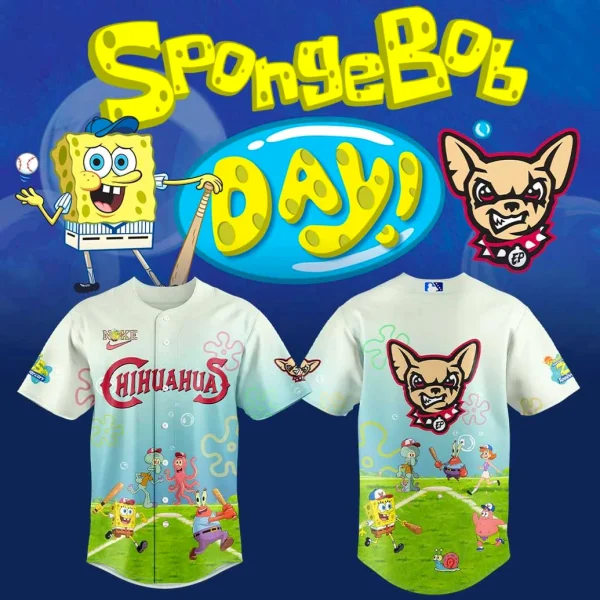 Promotional image showing the front and back of the El Paso Chihuahuas x SpongeBob Day special edition baseball jersey.