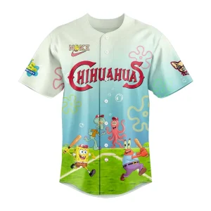 Front of the El Paso Chihuahuas 2025 special jersey, featuring SpongeBob and friends playing baseball below the team name.