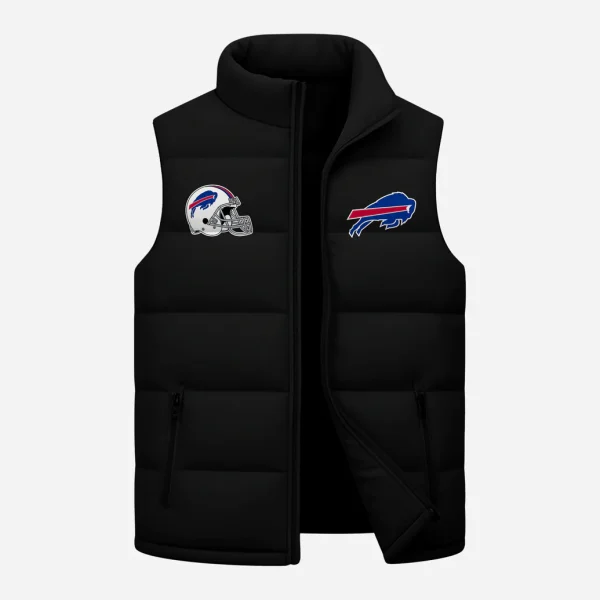 The front of the black sleeveless puffer jacket featuring the Buffalo Bills helmet logo and the charging buffalo logo on the chest.