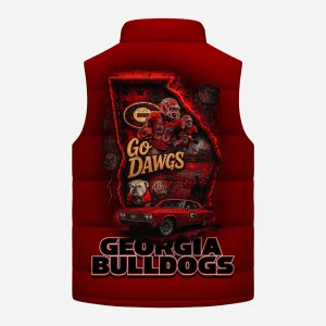 The back of the Georgia Bulldogs puffer jacket featuring a detailed graphic with the state outline, football players, and Go Dawgs text.