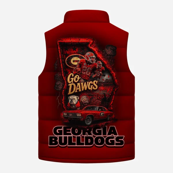 The back of the Georgia Bulldogs puffer jacket featuring a detailed graphic with the state outline, football players, and Go Dawgs text.