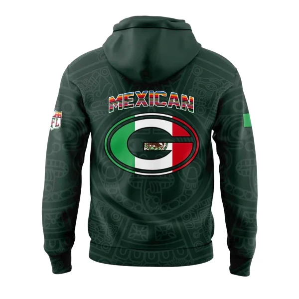 Back of the Green Bay Packers Mexican Heritage hoodie featuring a large G logo filled with the Mexican flag colors.