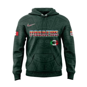 Front of the Green Bay Packers Mexican Heritage hoodie showing the colorful serape-style Packers text and Aztec design.