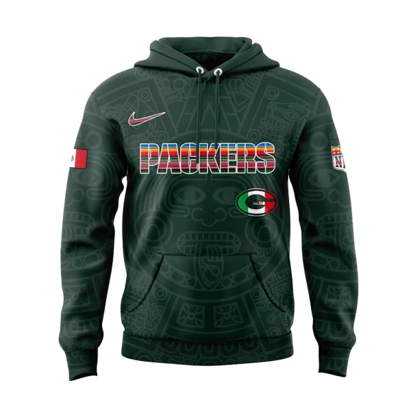 Front of the Green Bay Packers Mexican Heritage hoodie showing the colorful serape-style Packers text and Aztec design.