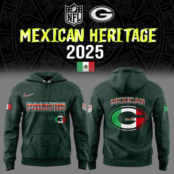 Front and back view of the Green Bay Packers Mexican Heritage hoodie with Aztec patterns and Mexican flag details.