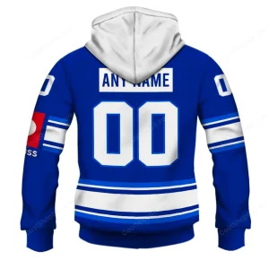 Back view of the blue HC Kometa Brno CHL hoodie showing the customizable section with "ANY NAME" and the number "00".