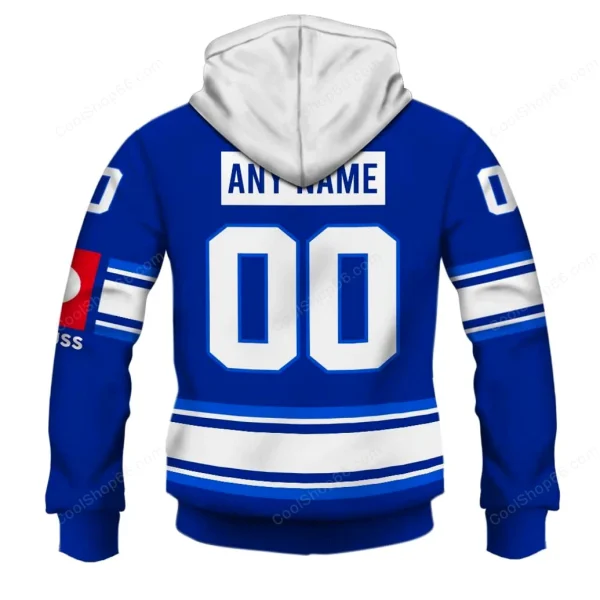 Back view of the blue HC Kometa Brno CHL hoodie showing the customizable section with "ANY NAME" and the number "00".