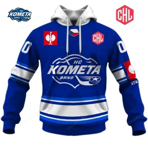 Front view of the blue and white HC Kometa Brno CHL hoodie, featuring the team logo on the chest and a white hood.