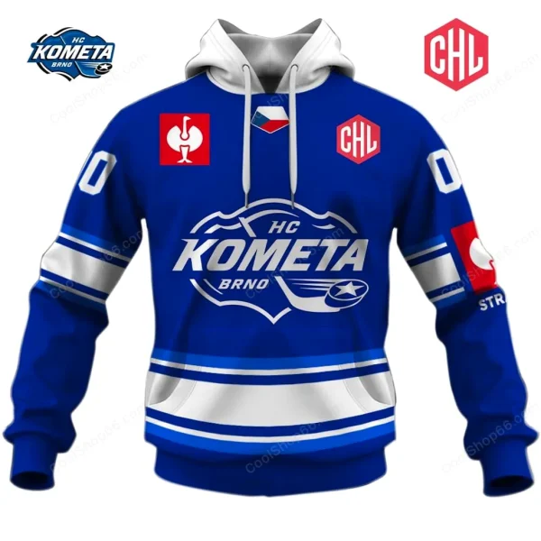Front view of the blue and white HC Kometa Brno CHL hoodie, featuring the team logo on the chest and a white hood.