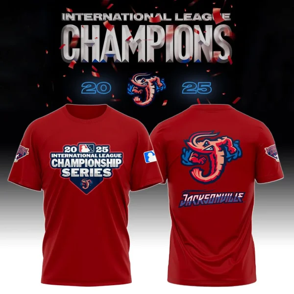 Front and back view of the red Jacksonville Jumbo Shrimp 2025 International League Champions t-shirt with celebratory graphics.