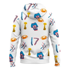 Back of the white Buffalo Bills hoodie with an all-over pattern of footballs, jerseys, trophies, and number 17 drawings.