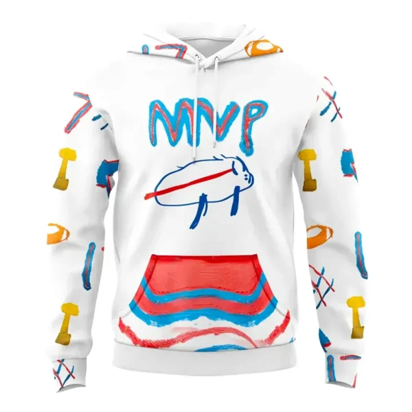 Front of the white Buffalo Bills hoodie showing the child-like MVP and buffalo drawing on the chest and a striped pocket.