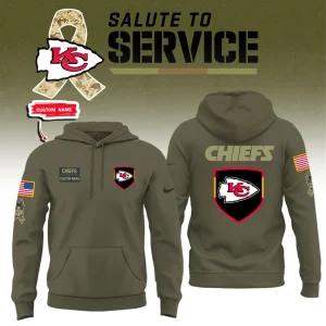 Front and back views of the olive green Kansas City Chiefs Salute to Service hoodie, showing custom name patch and team logos.