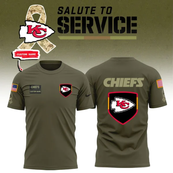 Front and back views of the olive green Kansas City Chiefs Salute to Service t-shirt with American flag and team shield logo.