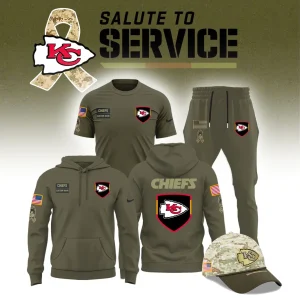 Full apparel set for Kansas City Chiefs 2025 Salute to Service, including hoodie, shirt, joggers, and cap in military green.