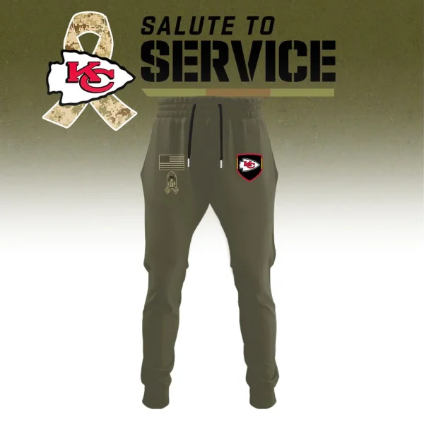 Close-up of the Kansas City Chiefs Salute to Service olive green joggers and the matching digital camouflage cap with team logo.