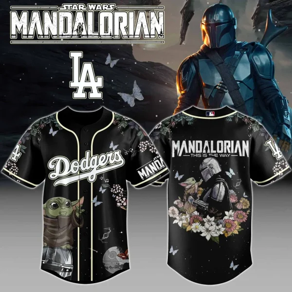 Front and back view of the Los Angeles Dodger x Mandalorian Grogu floral baseball jersey featuring Star Wars characters and flowers.