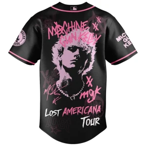Back of the black and pink LA Dodgers baseball jersey featuring a large graphic of Machine Gun Kelly and Lost Americana Tour branding.
