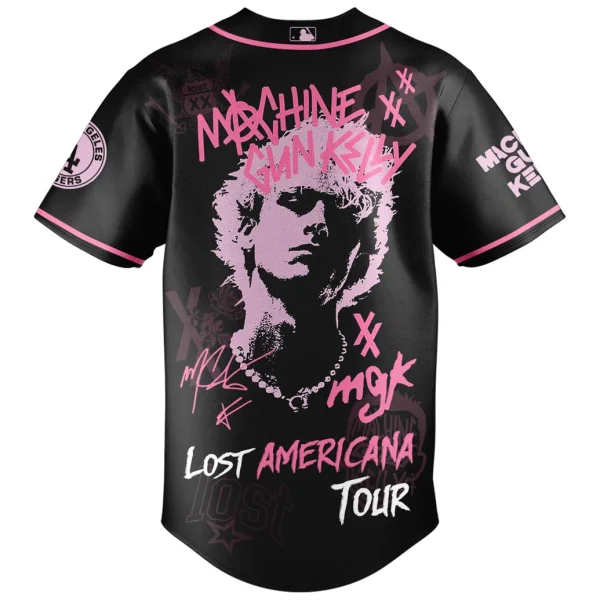 Back of the black and pink LA Dodgers baseball jersey featuring a large graphic of Machine Gun Kelly and Lost Americana Tour branding.