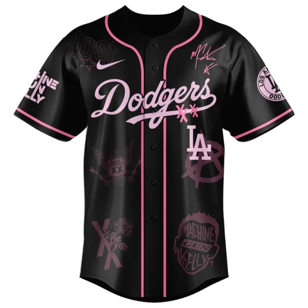 Front of the black and pink LA Dodgers x Machine Gun Kelly baseball jersey featuring the Dodgers script and Lost Americana Tour graphics.