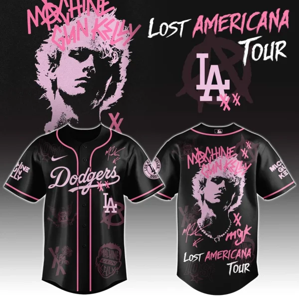Front and back view of the black and pink Los Angeles Dodgers x MGK The Lost Americana Tour baseball jersey with tour graphics.