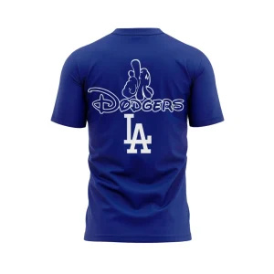 The back of the royal blue LA Dodgers shirt featuring a white graphic with a cartoon hand, the word Dodgers, and the LA logo.