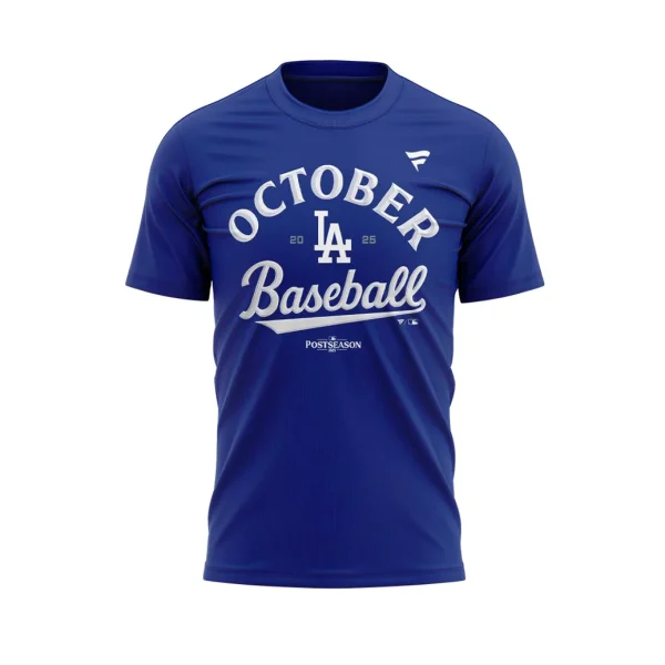 A close-up of the front of the royal blue LA Dodgers October Baseball 2025 shirt, showing the white script and Postseason logo.