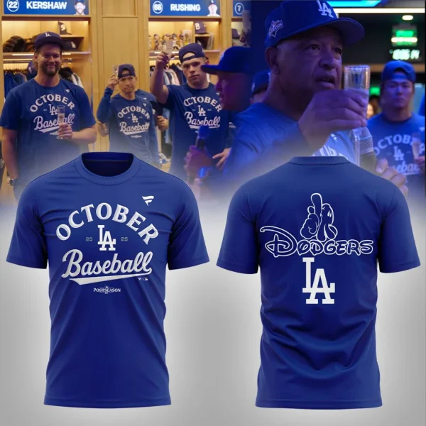 Front and back view of the LA Dodgers October Baseball 2025 shirt with players celebrating in the background wearing the gear.