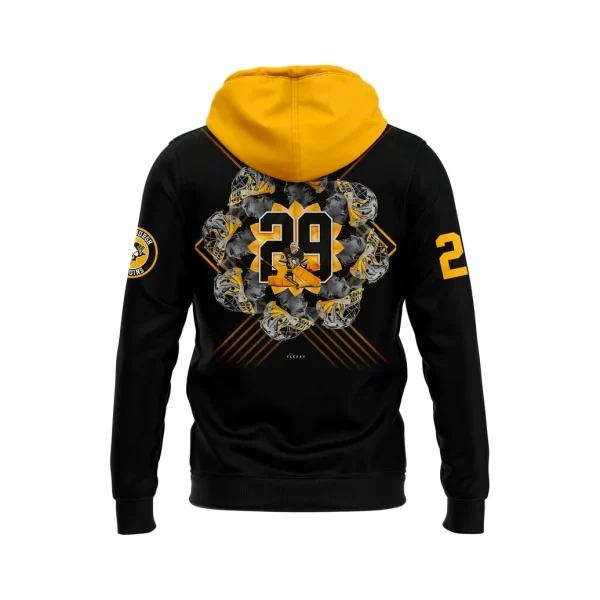 Back of the black hoodie showing the number 29 inside a wreath of goalie masks and a yellow hood.