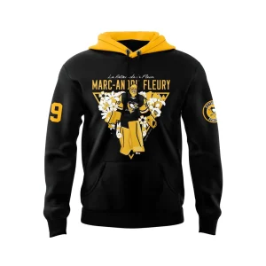 Front of the black and yellow hoodie with a graphic of Marc-Andre Fleury surrounded by flowers and his name.