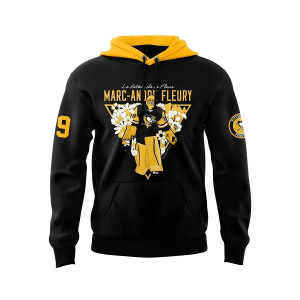 Front of the black and yellow hoodie with a graphic of Marc-Andre Fleury surrounded by flowers and his name.