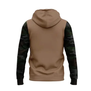Back of the To Day We Remember hoodie, showing the plain tan torso, hood, and full-length camouflage sleeves.